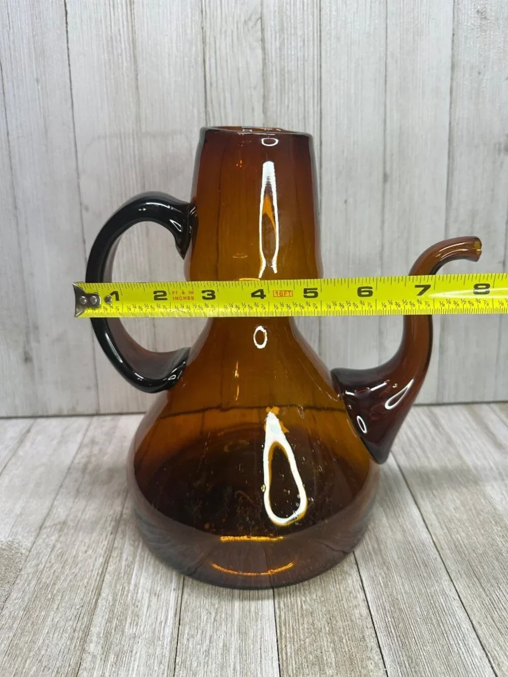 Vtg Amber Blown Glass Tea Pot with Handle 9